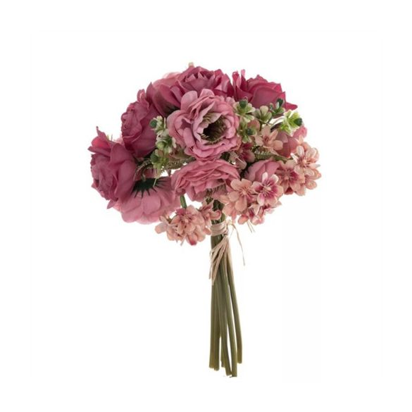 Selyemvirág gömb csokor 16,5 x 31 cm - Piros (4rózsa, 8boglárka, 4hortenzia)