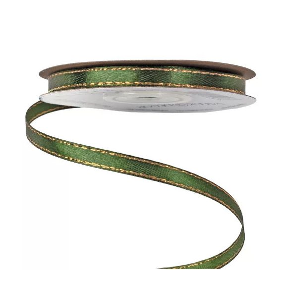 Szatén szalag arany szegéllyel 6mm/20m - Sötétzöld