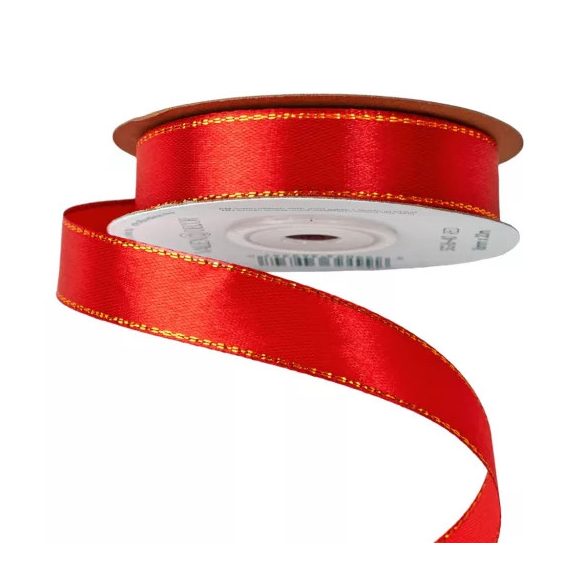 Szatén szalag arany szegéllyel 16mm/20m - Piros