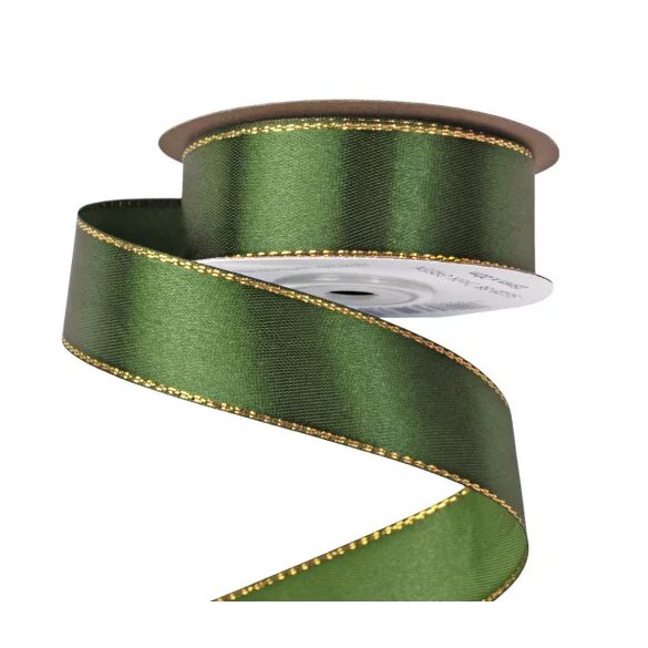 Szatén szalag arany szegéllyel 25mm/20m - Sötétzöld