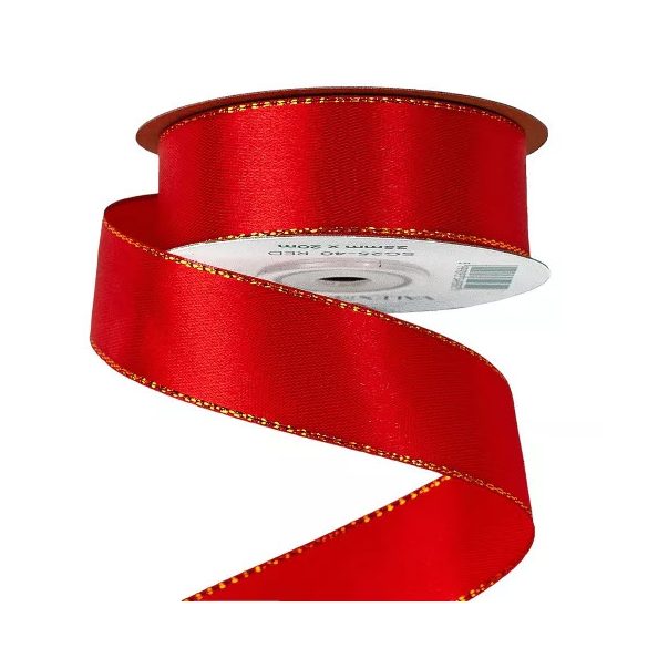 Szatén szalag arany szegéllyel 25mm/20m - Piros