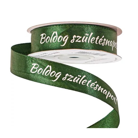 Szatén szalag "Boldog Születésnapot!" feliratos 20mm/20m - Sötétzöld