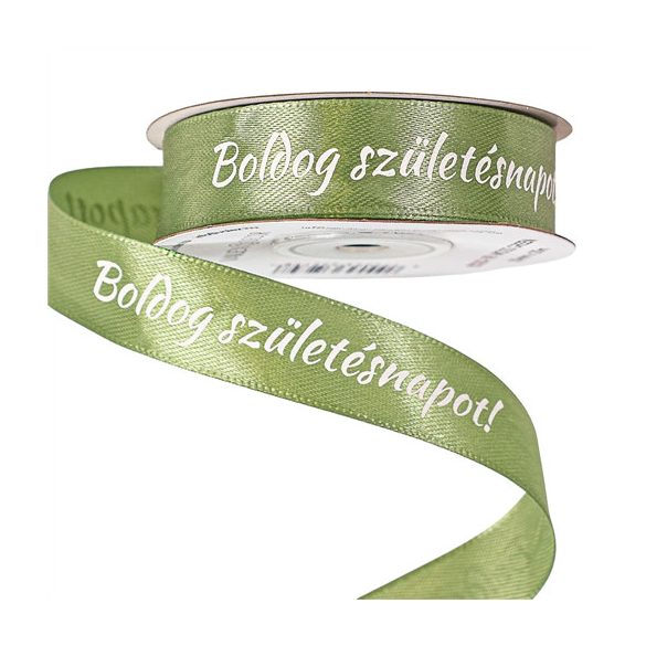 Szatén szalag "Boldog Születésnapot!" feliratos 20mm/20m - Mohazöld