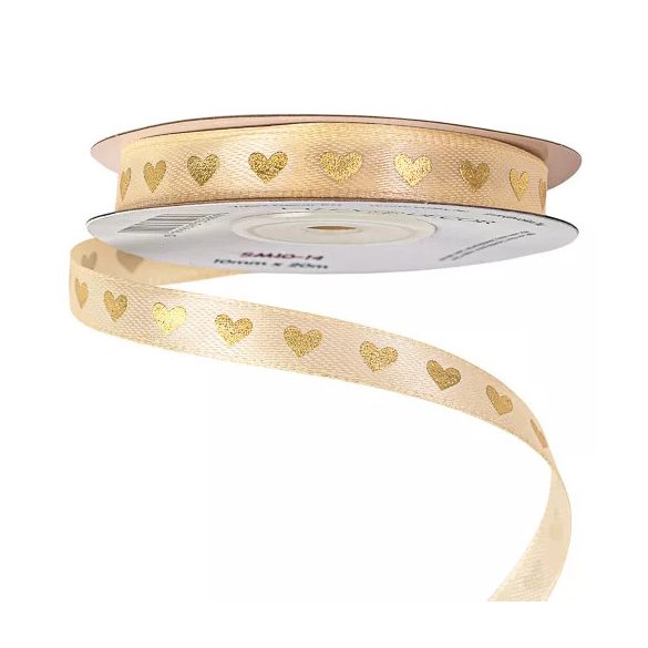 Szatén szalag "Arany szívecskés" 10mm/20m - Krém