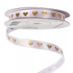   Szatén szalag "Arany szívecskés" 10mm/20m - Fehér