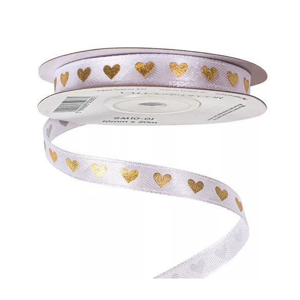 Szatén szalag "Arany szívecskés" 10mm/20m - Fehér