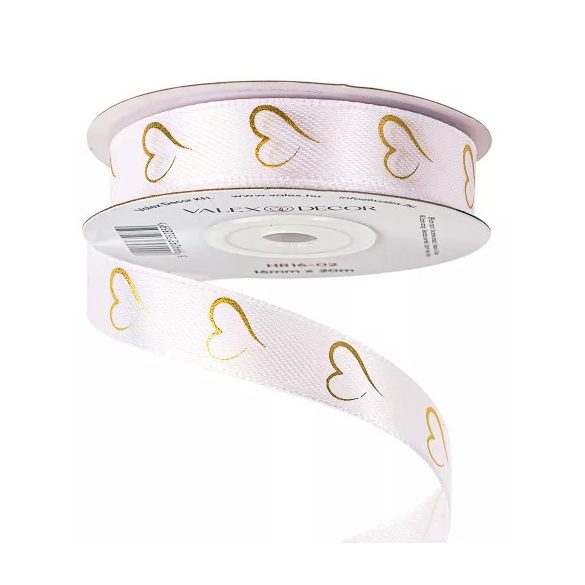 Szatén szalag "Arany szívecskés" 16mm/20m - Fehér