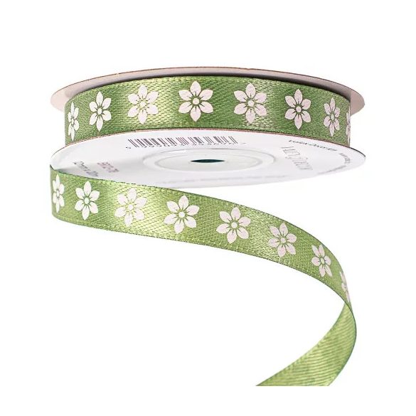 Szatén szalag "Virágmintás" 12mm/20m - Mohazöld