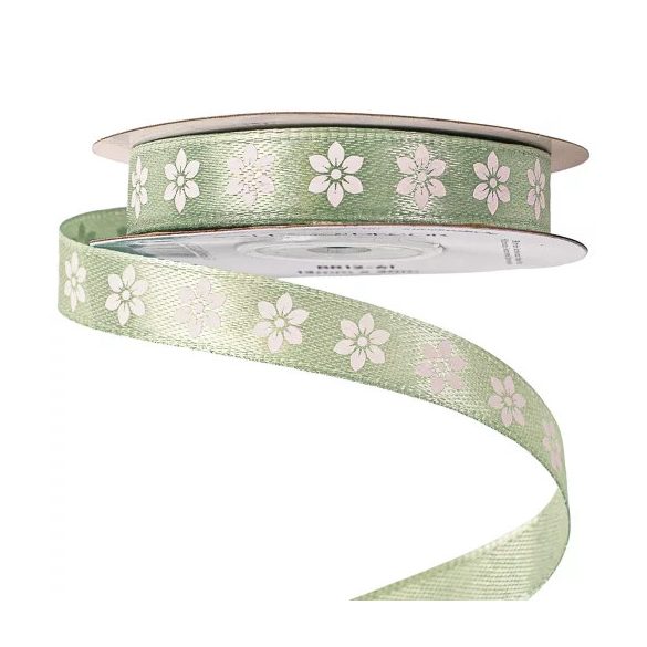 Szatén szalag "Virágmintás" 12mm/20m - Vintage zöld