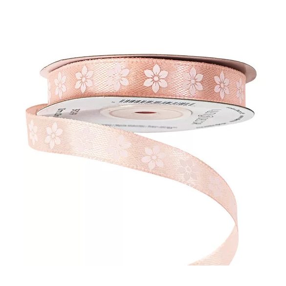 Szatén szalag "Virágmintás" 12mm/20m - Púder rózsaszín