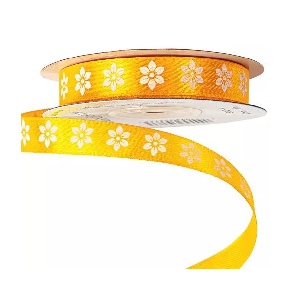 Szatén szalag "Virágmintás" 12mm/20m - Sötét citromsárga