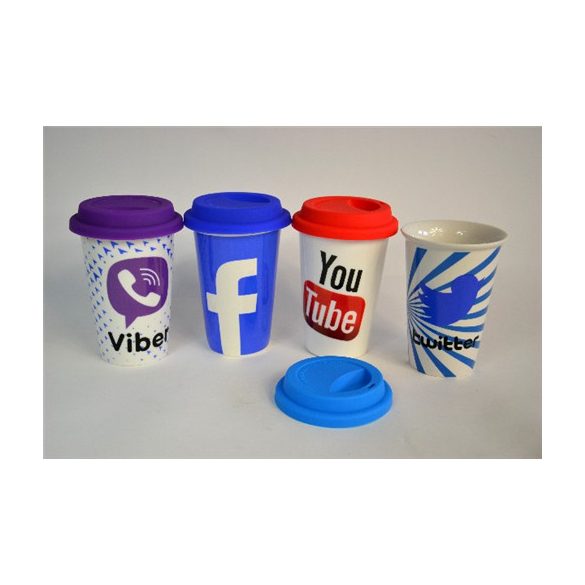 Porcelán Pohár 410ML szilikonos tetővel - 4 Fajta Social media