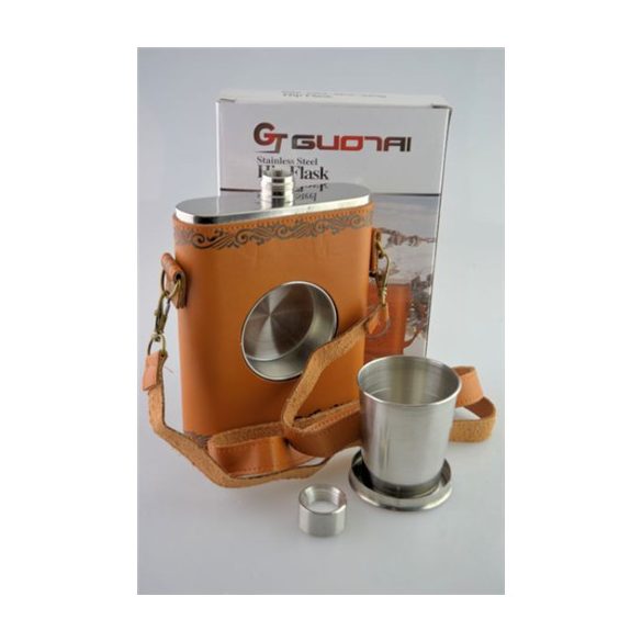 Fém flaska v.barna bőrhatású, középen összecsukható fém pohárral 5,7 dl