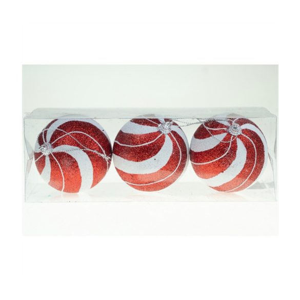 Gömb foam 8cm glitteres csíkos - Piros-fehér S/3