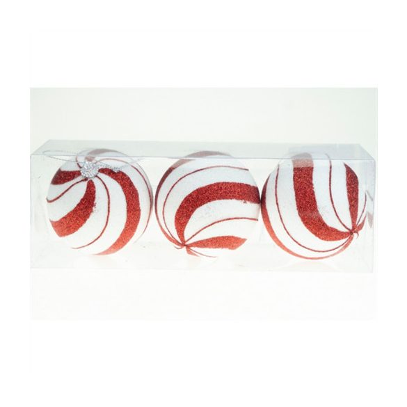 Gömb foam 8cm glitteres csíkos - Fehér-piros S/3