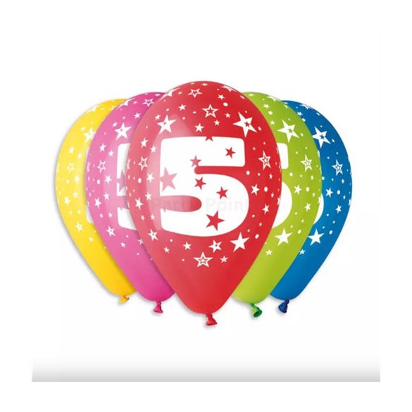 Gumi léggömb 30cm-es 5-ös számos printelt - 5 db / csomag