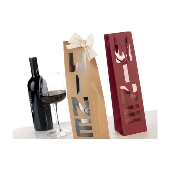 Papírtasak boros "WINE" felirattal papír 9x37x8,5 cm - Natúr