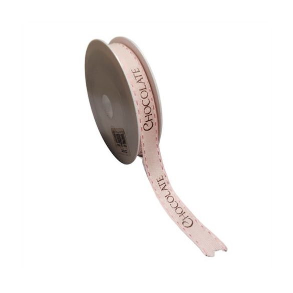 Szalag textil "CHOCOLATE" felirattal 12mm x 25m - Rózsaszín