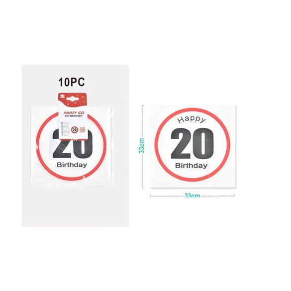 Szalvéta 33x33cm 3 réteg "Happy birthday 20" felirattal - (10db/cs.)