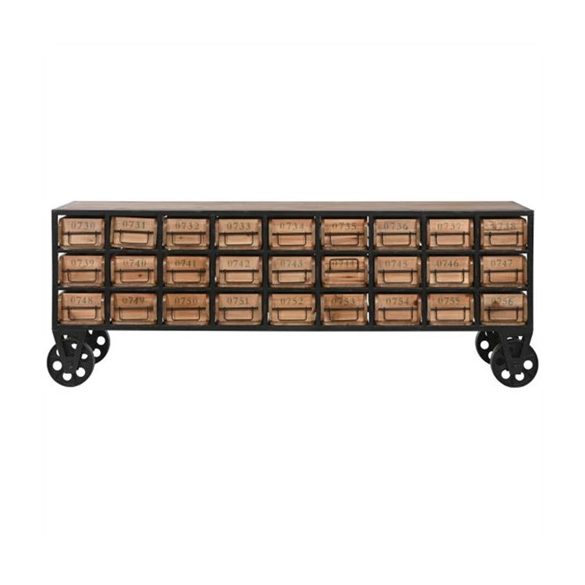 Fiókos szekrény 27 fiókkal gurulós 142x30x50cm - Natúr/fekete
