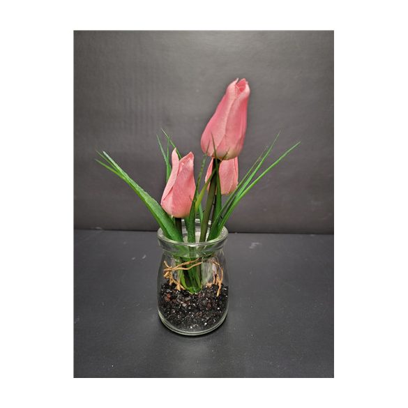 Tulipán 3 szál 17 cm üveg cserépben -  Rózsaszín