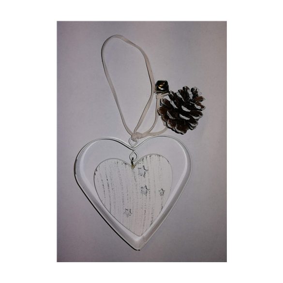 Szív akasztós fém/fa 9.5cm - Fehér