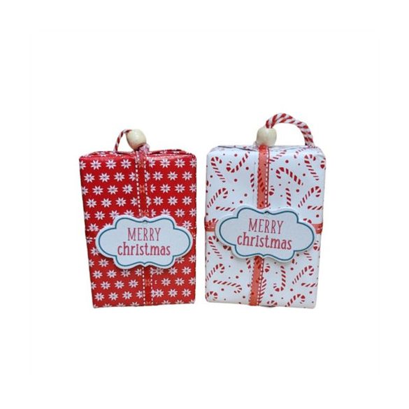 Dísz ajándek doboz plasztik akasztós 7x3x12 cm - Piros/Fehér 2 fajta