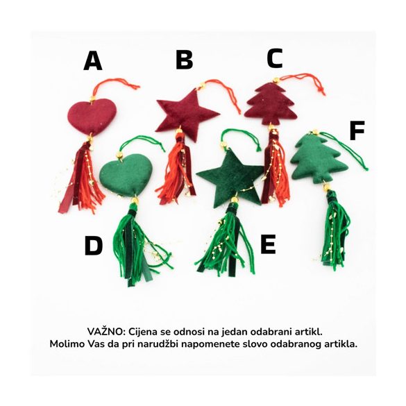 Karácsonyfa dísz akasztható - Fenyő, szív, csillag