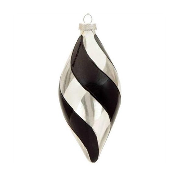 Dísz csepp alakú üveg 12cm csíkos fekete-átlátszó S/4db