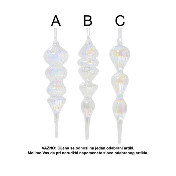 Karácsonyfadísz üveg 26cm - Irizáló 3féle