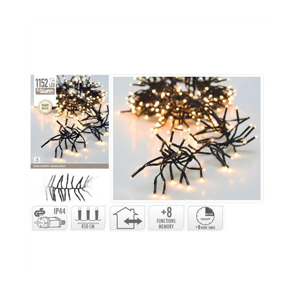 Fényfüzér cluster 1152LED-es 8,4m+3m (fekete vezetékes) - Melegfehér (kül-és beltér)