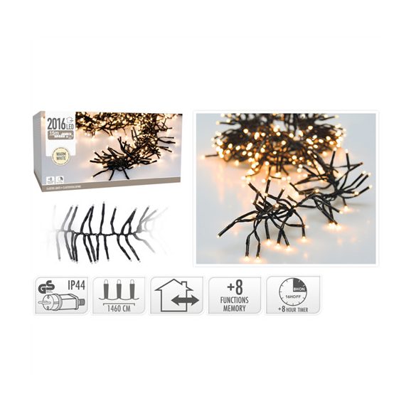 Fényfüzér cluster 2016 LED-es 14,6m+3m (fekete vezetékes) - Melegfehér (kül-és beltér)