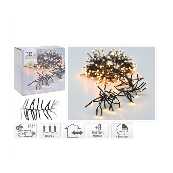 Fényfüzér cluster 1512LED-es 11m+3m (fekete vezetékes) - Melegfehér extra (kül-és beltér)