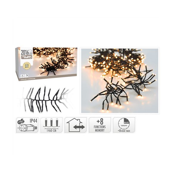 Fényfüzér cluster 2016LED-es 14,6m+3m (fekete vezetékes) - Melegfehér (kül-és beltér)