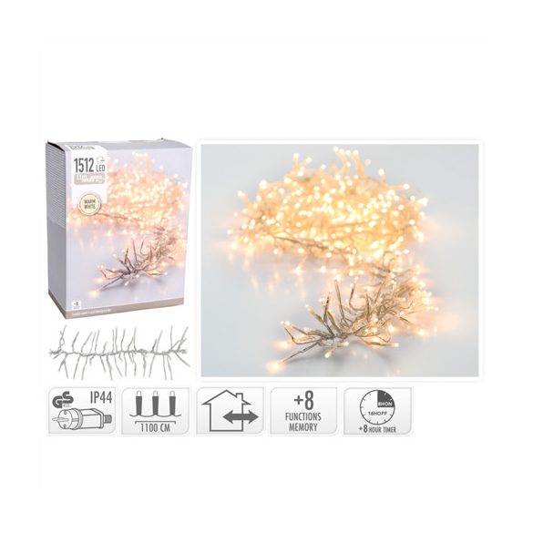 Fényfüzér cluster 1512LED-es 11m+3m (átlátszó vezeték) - Melegfehér (kül-és beltér)