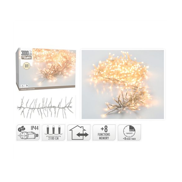 Fényfüzér cluster 2016LED-es 14,6m+3m (átlátszó vezeték) - Melegfehér (kül-és beltér)