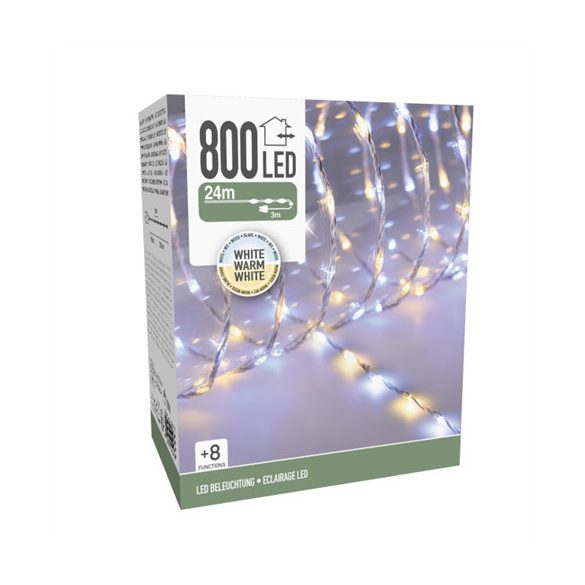 Fényfüzér 800LED-es 24m+3m (átlátszó vezeték) - Hideg/melg fehér váltó