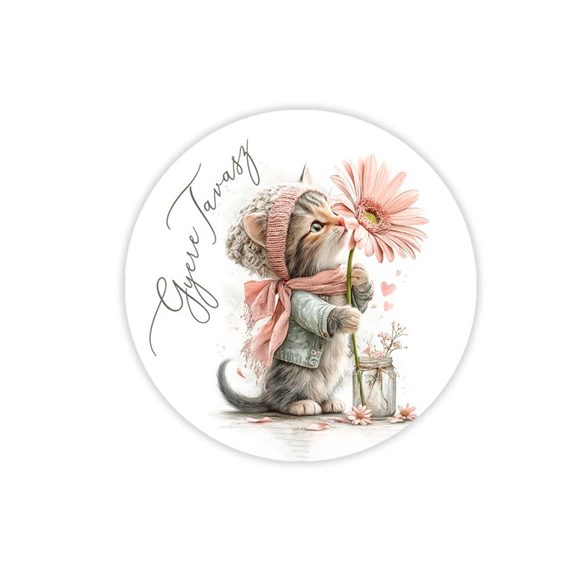 Nyomtatott fa tábla koszorú közép 14,8cm - Gyere tavasz cicás