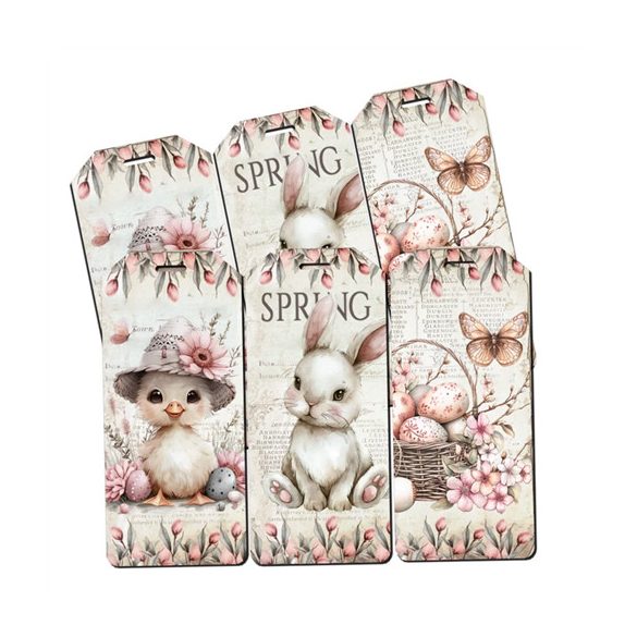 Nyomtatott dekorkarton 5,7x2,5cm - Húsvéti rózsaszín téma táblák (6db/csom.)