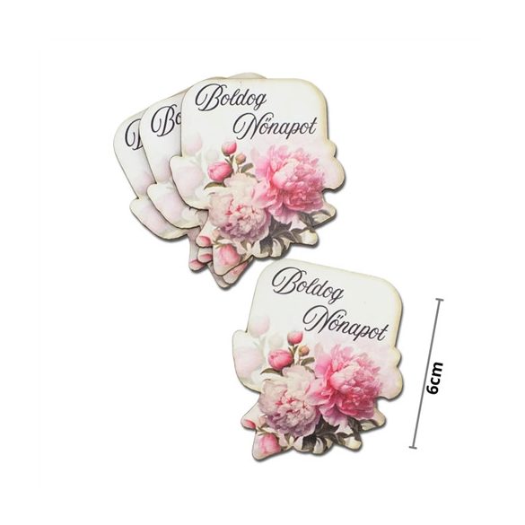 Nyomtatott dekorkarton - Boldog nőnapot virágos tábla 6cm - Rózsaszín (4db/csom.)