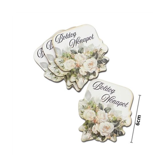 Nyomtatott dekorkarton - Boldog nőnapot virágos tábla 6cm - Fehér (4db/csom.)