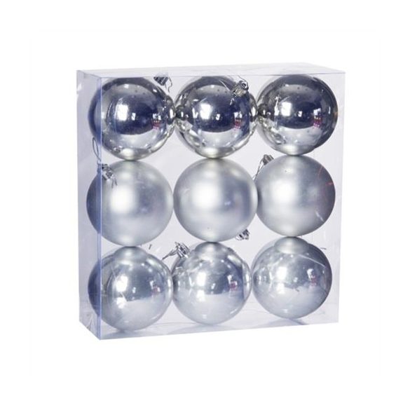 Műanyag gömb dobozban 8cm - Fényes ezüst 3féle S/9