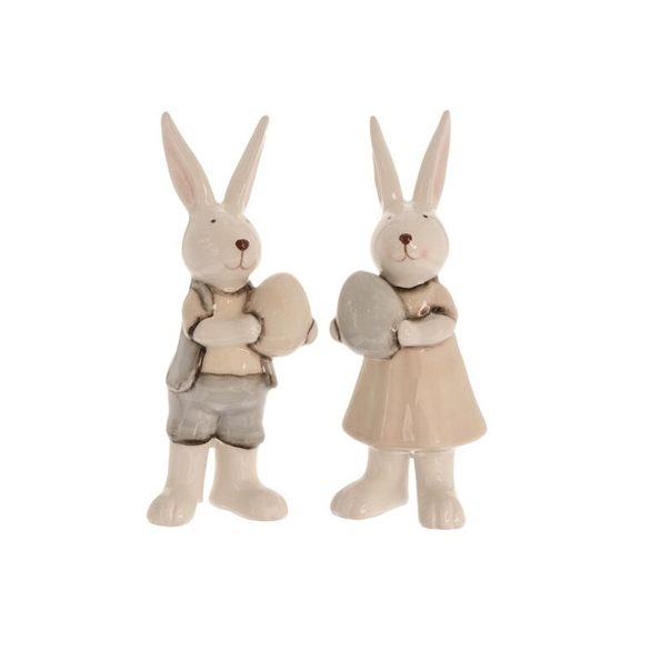 Nyúl fiú, lány tojással álló kerámia 6,5x5,5x15,6cm - Krém, szürke, 2 féle
