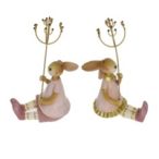   Nyúl virággal ülő poly 12x5,5x13cm - Rózsaszín, arany 2 féle