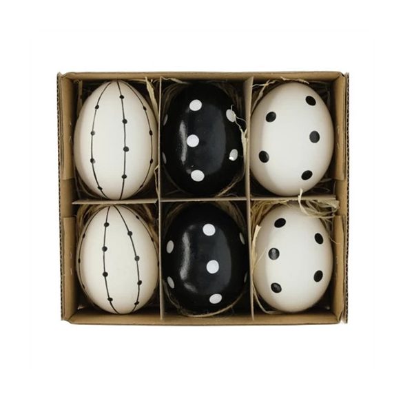 Tojás igazi pöttyös akasztós, dobozban 6cm - Fekete, fehér S/6