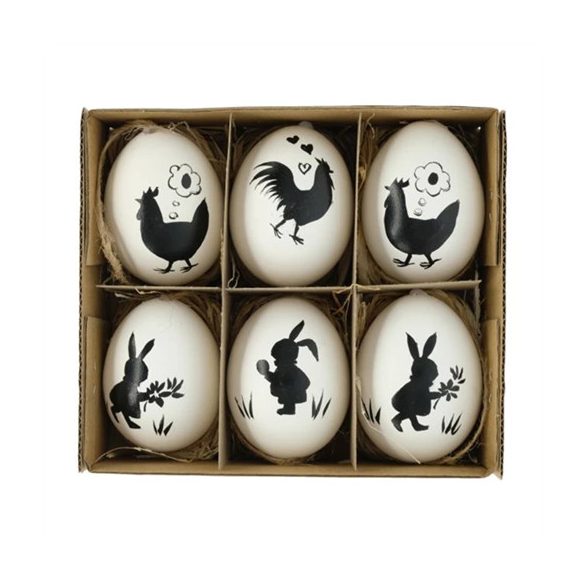 Tojás igazi nyúllal, csirkével, dobozban 6cm - Fekete, fehér S/6