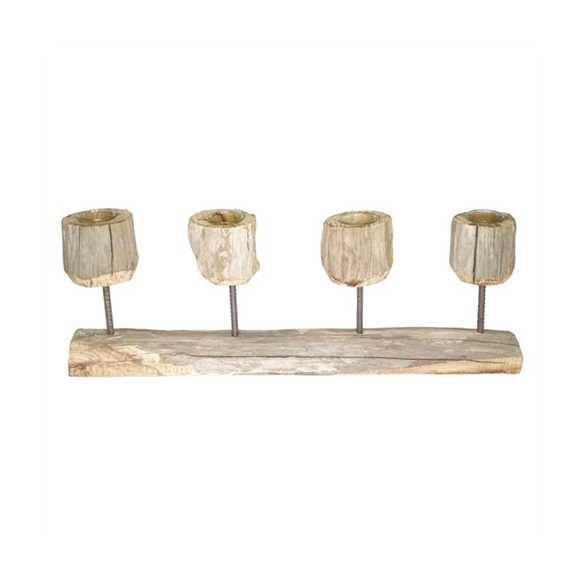 Gyertyatartó 4 részes uszadékfa, üveg 57x20cm - Natúr