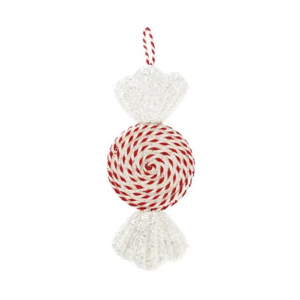 Cukorka spirál mintás, óriás, akasztós, flitteres 32x12x6cm - Piros/fehér