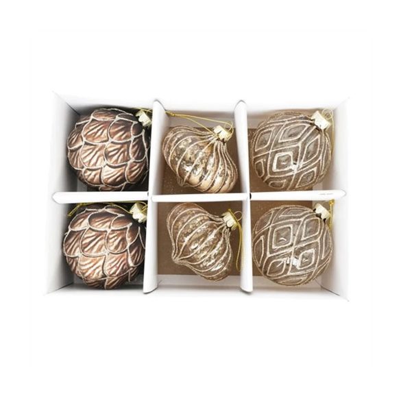 Üveg gömb 8cm hagyma alakú dombor mintával- Barna/arany S/6