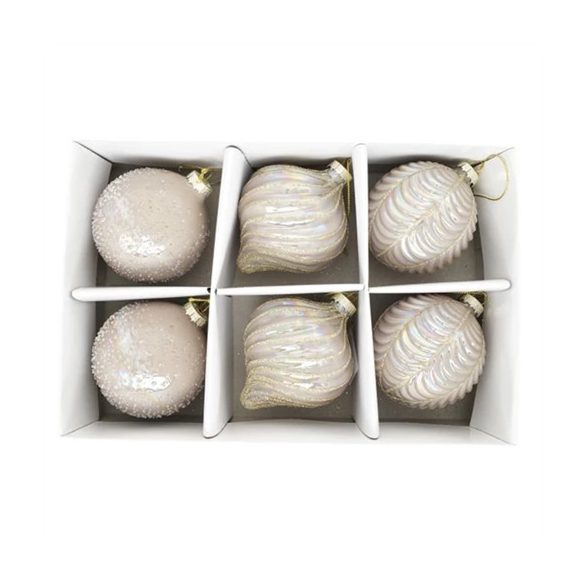 Üveg gömb 8cm hagyma, csepp, gyöngy alakú - Rózsaszín, mályva S/6